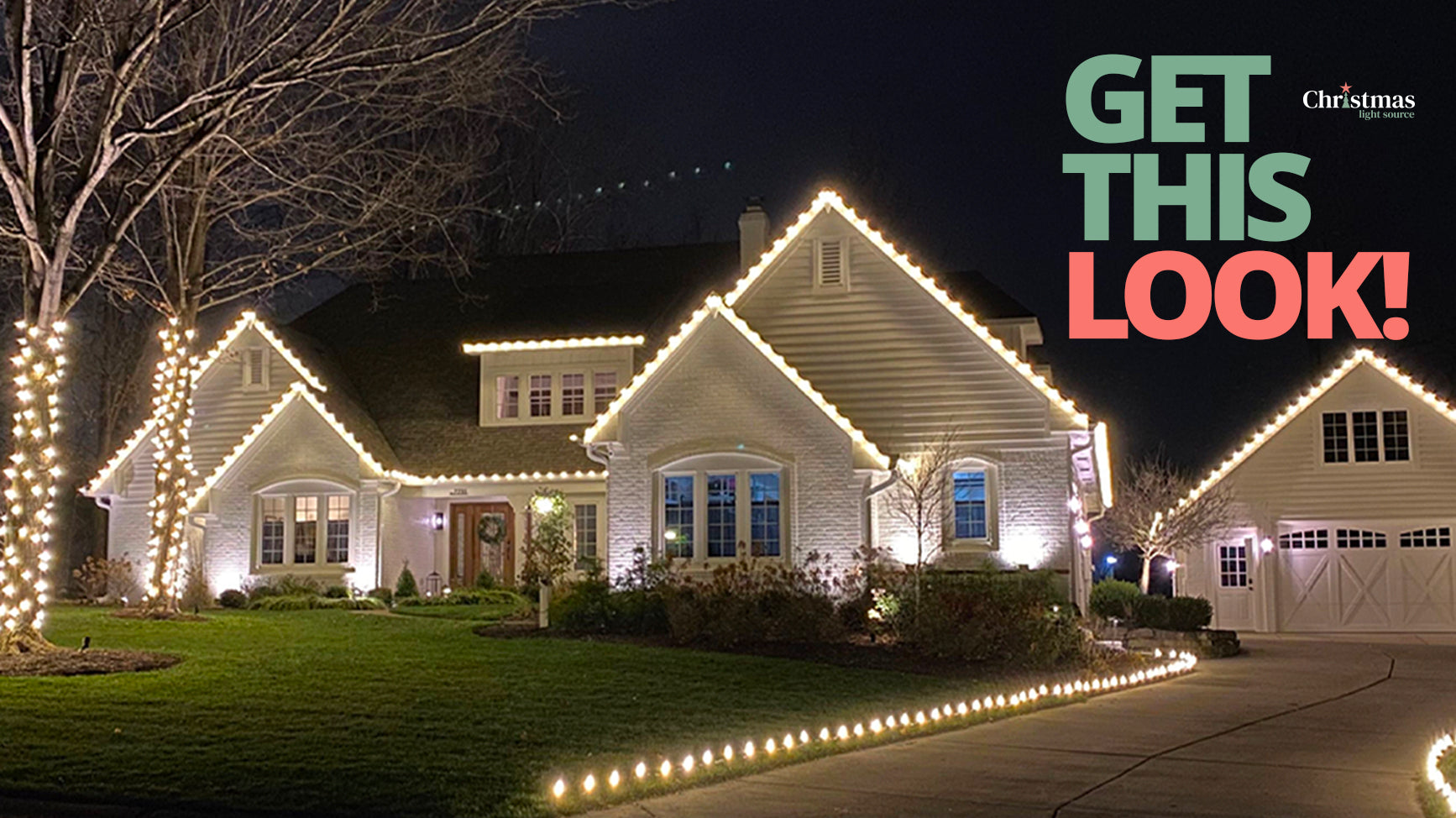 Get This Look: Stunning Christmas lights display outlining home and wrapping trees
